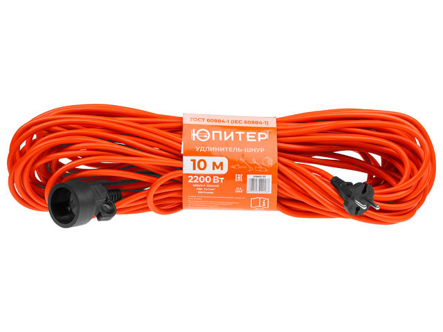 Удлинитель-шнур 10м (1 роз., 2.2кВт, б/з, ПВС 2х1) ЮПИТЕР JP8401-01