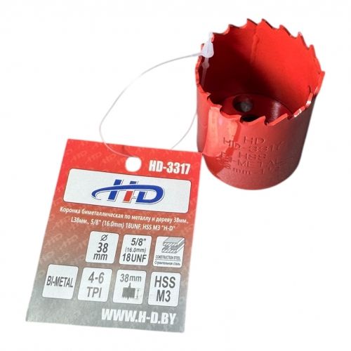 Коронка биметаллическая по металлу и дереву 38мм., L38мм., 5/8"-18UNF, HSS M3 H-D HD-3317