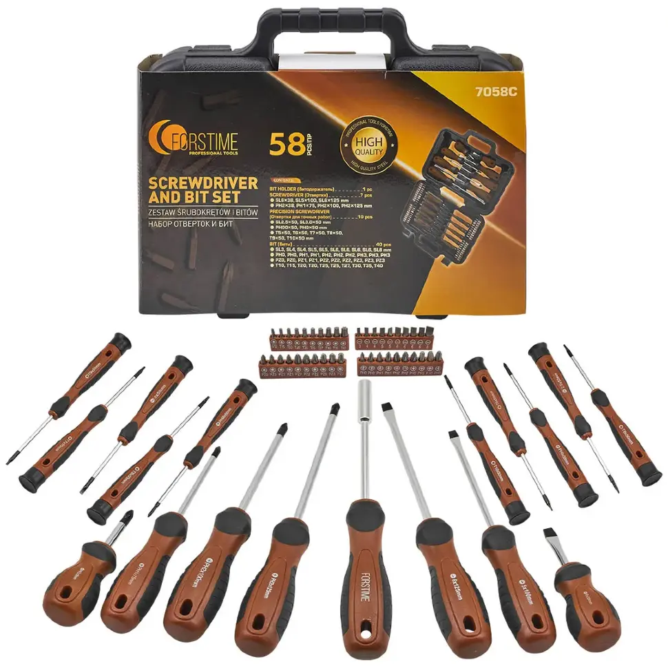 Отвертки в комплекте с битами, набор 58пр.  FORSTIME FT-7058C