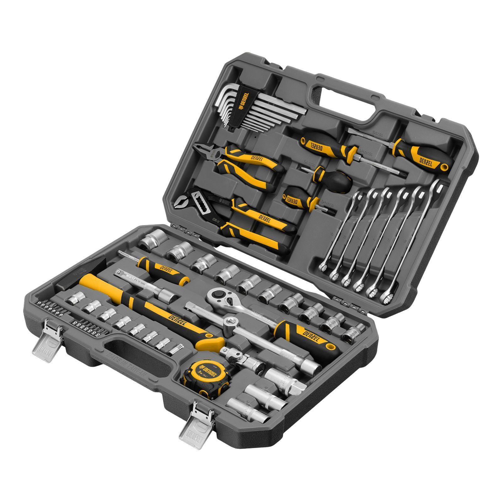 Набор инструментов, 1/2", 1/4", CrV, S2, пластиковый кейс, 64 предмета  ...DENZEL 15801