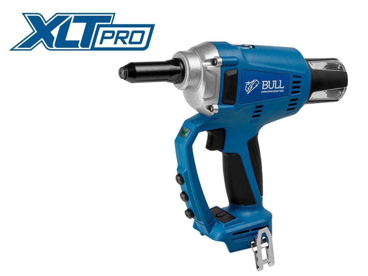 Аккумуляторный заклепочный пистолет CRG 1018 в кор. XLTpro SOLO, БЕСЩЕТ., 25 мм, 10000 Н (2.4, 3.2, 4.0, 4.8 мм, вытяжные, подсветка) BULL 1304593