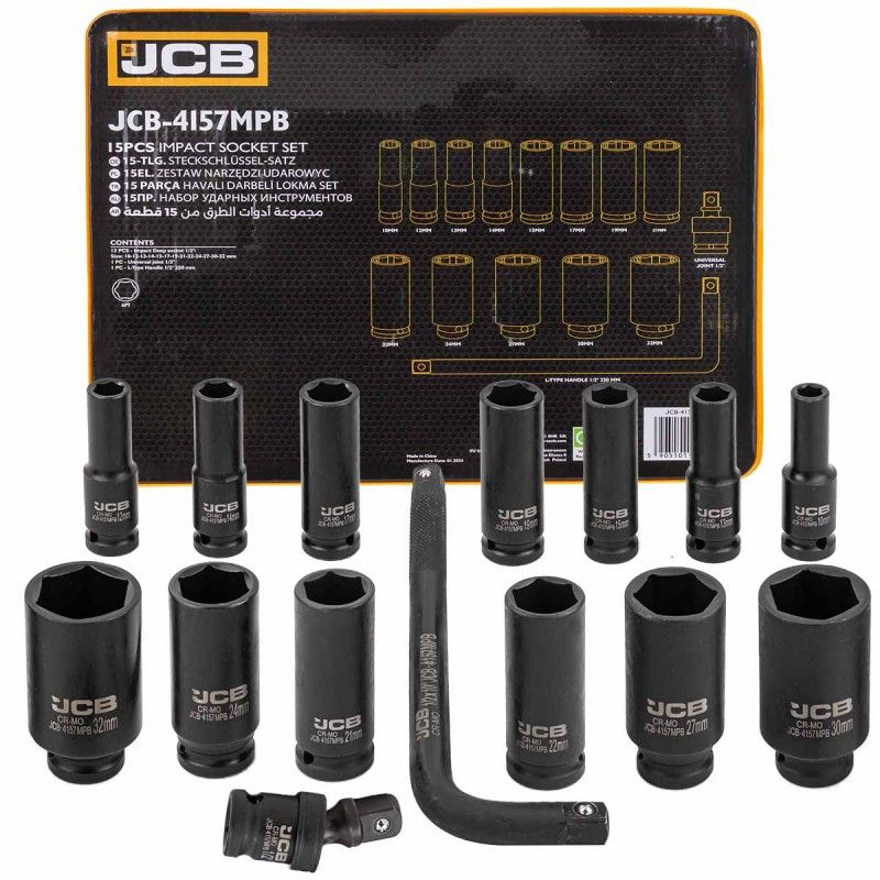 Головки ударные глубокие, набор 15пр., 1/2" 10-32мм (6гр.) JCB JCB-4157MPB