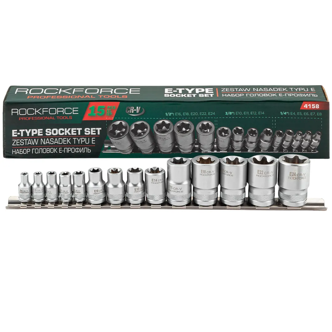 Набор головок 1/4", 3/8", 1/2", Е4-Е24, 15 пр. Е-профиль Rock FORCE RF-4158