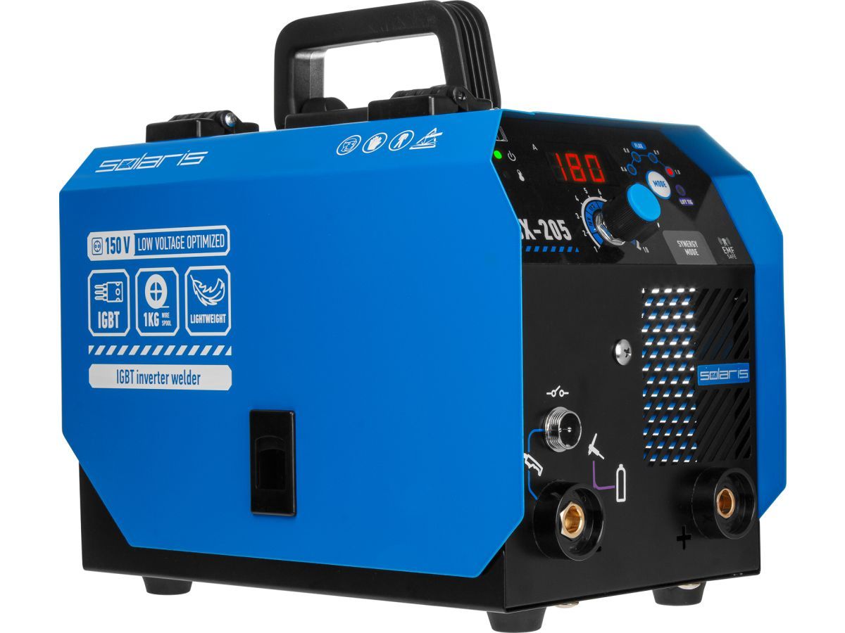 Полуавтомат сварочный FLUX-205 (230В, 20-180 А, 62 В, FLUX/MMA/TIG LIFT, байонетный разъем, без газа) SOLARIS SL5721-9