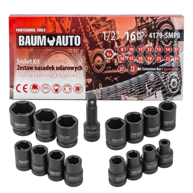 Набор головок 16пр.1/2" (8-27)+удлинитель 75мм)в кейсе Baum Auto BM-4179-5MPB