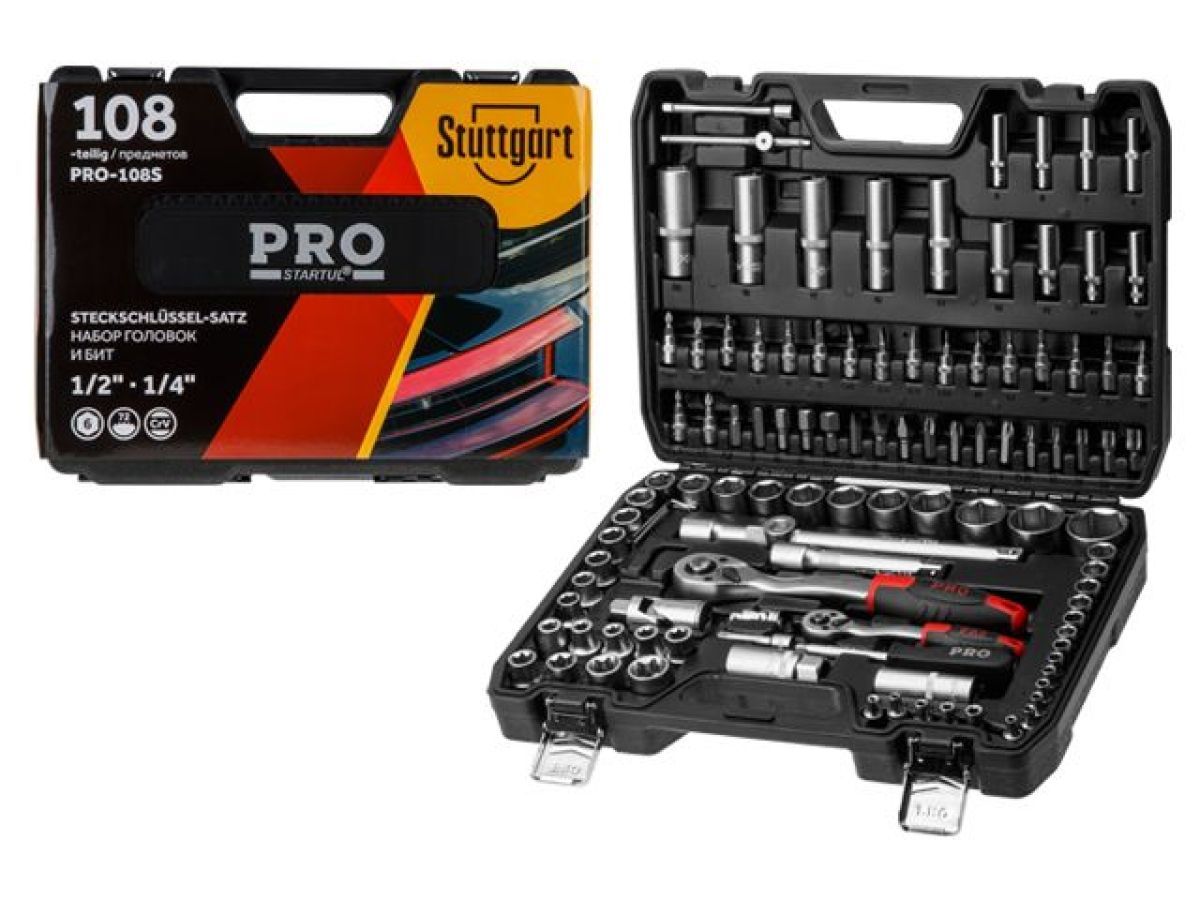 Набор головок и бит 108пр. 1/4", 1/2" PRO  STUTTGART (6 граней) STARTUL PRO-108S