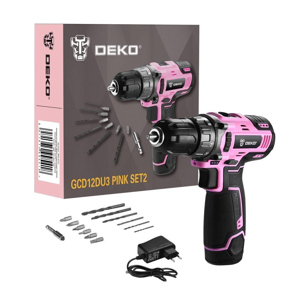 Дрель-шуруповерт аккумуляторная, 12В, 1 АКБ 1.5 А/ч, DEKO GCD12DU3 PINK SET2...Deko 063-4171