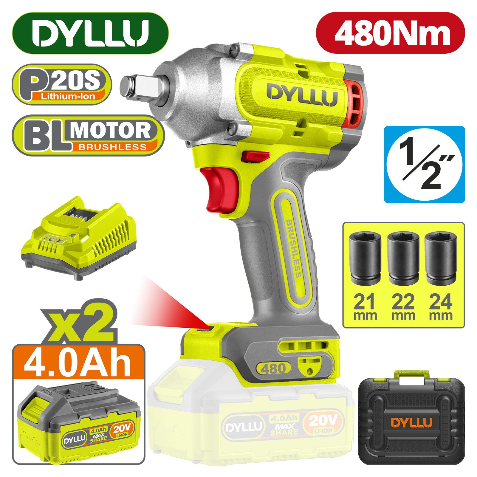Гайковерт, 1/2, 20В, 2АКБ 4,0 А/ч, 1200/800/2200об/мин,2400/2800/3300уд/мин,480Нм, DYLLU DTCD1B483
