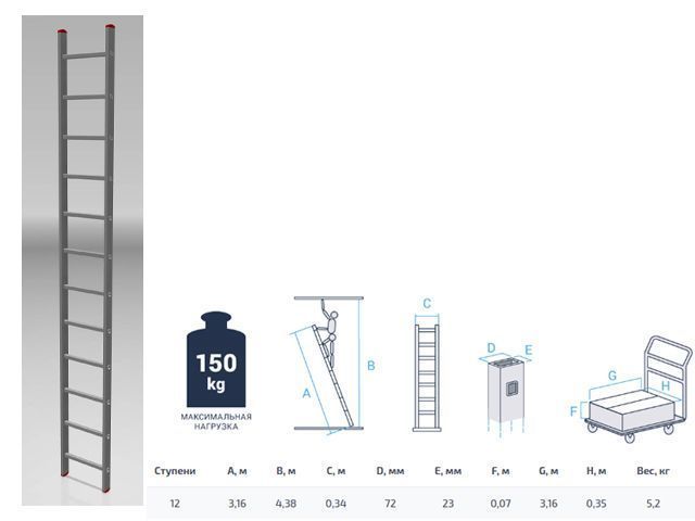 Лестница алюминиевая односекционная 316см, 12 ступеней, 5.2кг  ...STARTUL ST9945-12