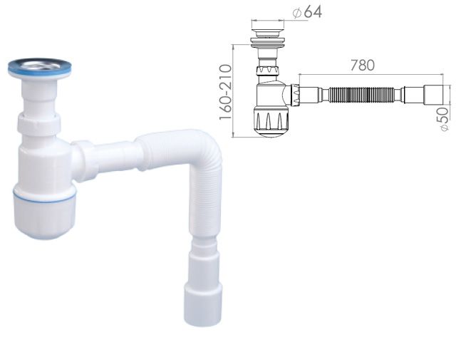Сифон для умывальника с литым выпуском 64mm, с гибкой трубой 1 1/4" AV Engineering AVE129750
