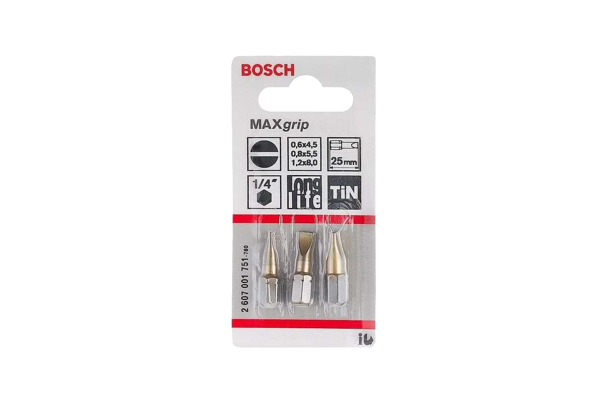 Бита Max Grip S0.6x4.5/S0.8x5.5/S1.2x8.0 25 мм (3 шт) BOSCH 2.607.001.751