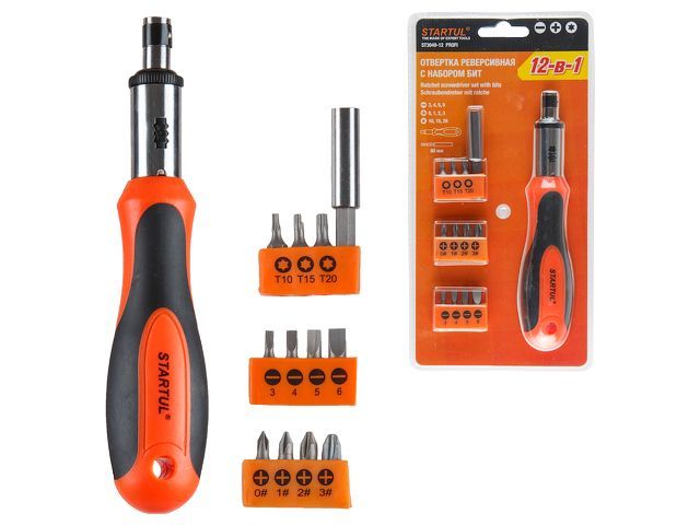 Отвертка реверсивная с набором бит 12пр. PH, SL, TORX STARTUL ST3049-12