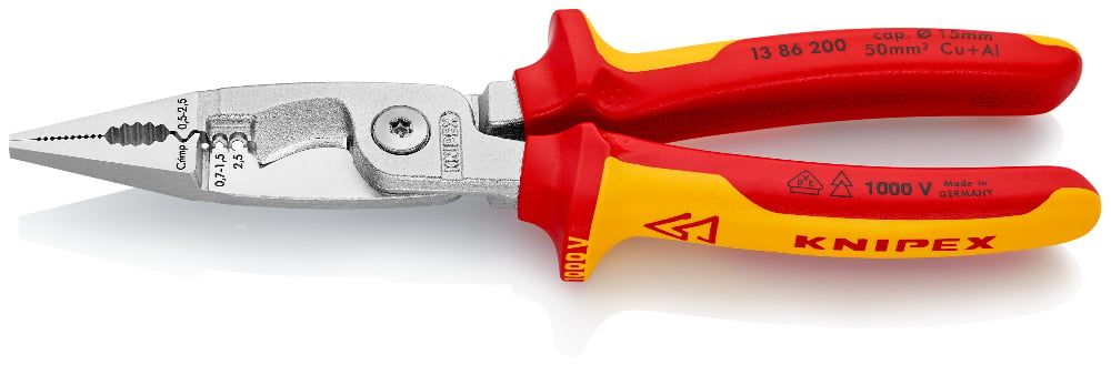 Клещи электромонтажные VDE 1000V, 6-в-1, L-200 мм, хром., 2-комп. рукоятки  KNIPEX 1386200