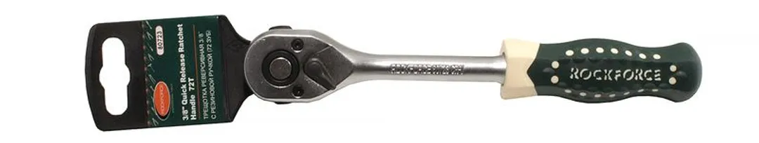 Трещотка реверсивная с резиновой ручкой 3/8''(L-210мм, 72зуб.), на пластиковом держателе RockFORCE ...Rock FORCE RF-80723