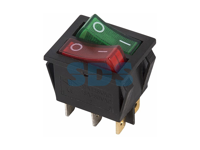 Выключатель клавишный 250V 15А (6с) ON-OFF красный/зеленый с подсветкой ДВОЙНОЙ  ...REXANT 36-2450