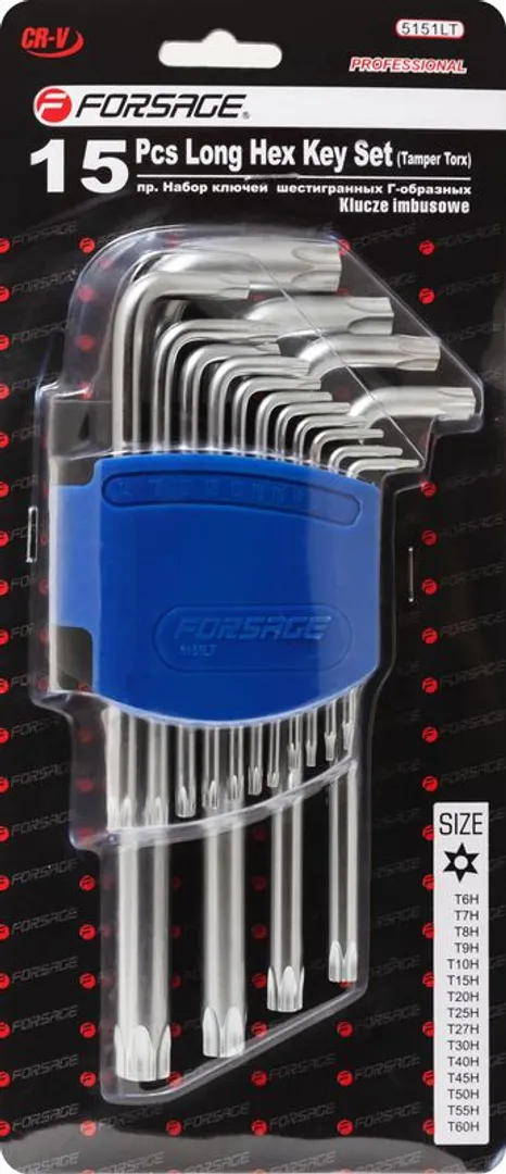 Набор ключей TORX  Т6Н-Т60Н, 15пр, длинных с отверстием Forsage F-5151LT