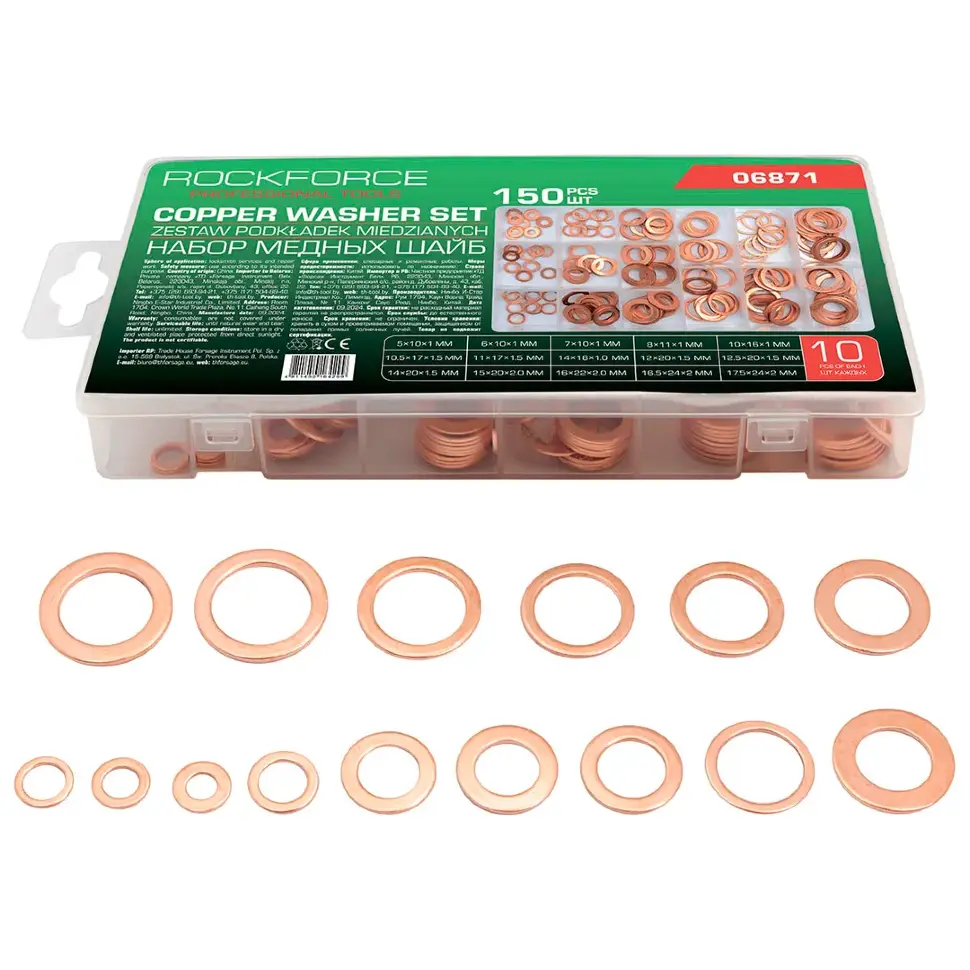 Шайбы медные, набор 150пр. RockFORCE RF-06871 Шайбы медные, набор 150пр. RockFORCE RF-06871