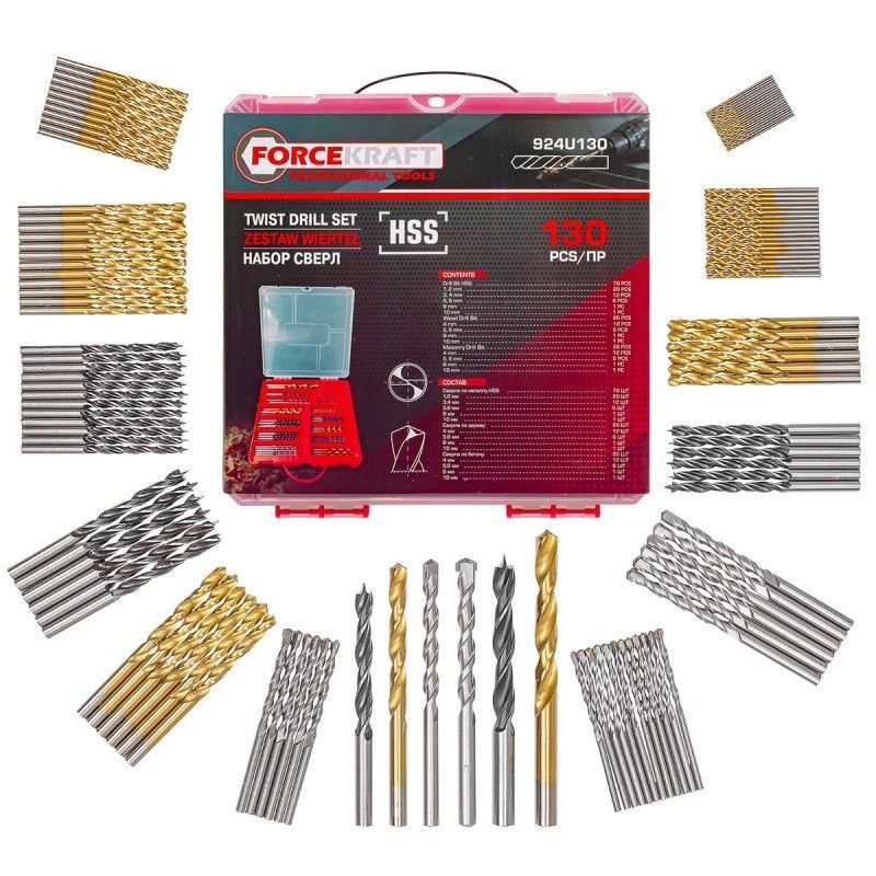 Сверла, набор комб. 130пр. (по металлу: 1-6, 8, 10мм; по бетону: 4-6, 8, 10мм; по дереву: 4-6, 8, 10мм) FORCEKRAFT FK-924U130