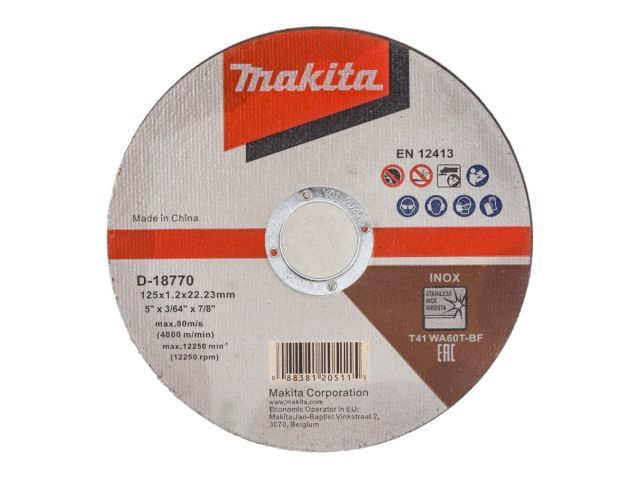 Круг отрезной 125х1.2x22.2 mm для стали/нержавеющей стали плоский WA60T  ...MAKITA D-18770