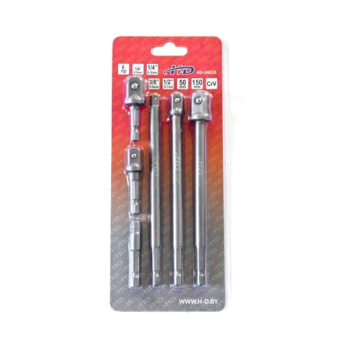 Переходник для шуруповерта с 1/4" HEX на квадрат 1/4", 3/8", 1/2", длина 50 и 150 мм, набор 6 пр. H-D HD-04629