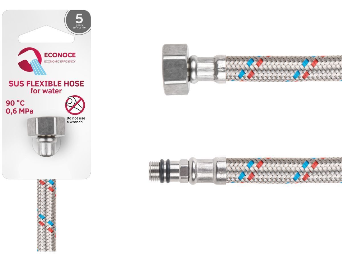 Подводка гибкая, SUS, иголка м10 короткая - гайка 1/2" 120 см (6 Bar, 90°С) ECONOCE EC023120