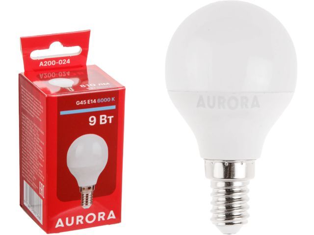 Лампа светодиодная G45 ШАР 9Вт 230В E14 6000K AURORA A200-024