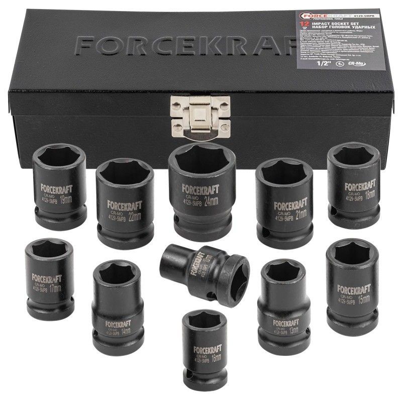 Головки ударные, набор 12пр., 1/2" 6гр. (10-24мм) FORCEKRAFT FK-4129-5MPB