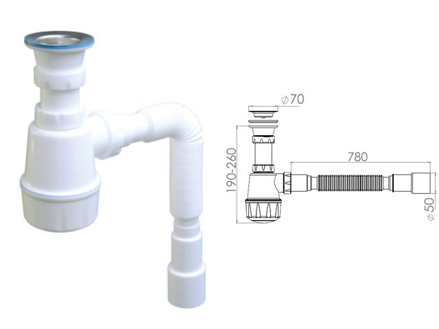 Сифон для кухни с прикручивающимся выпуском 70mm, с гибкой трубой 1 1/2"-40/50mm  ...AV Engineering AVE129760