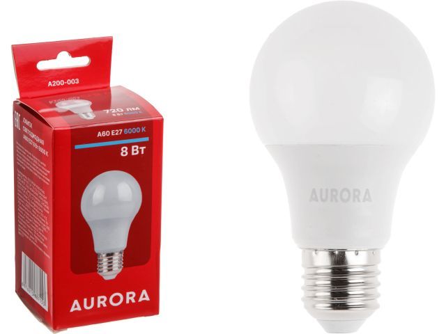 Лампа светодиодная A60 СТАНДАРТ 8Вт 230В E27 6000K  AURORA A200-003