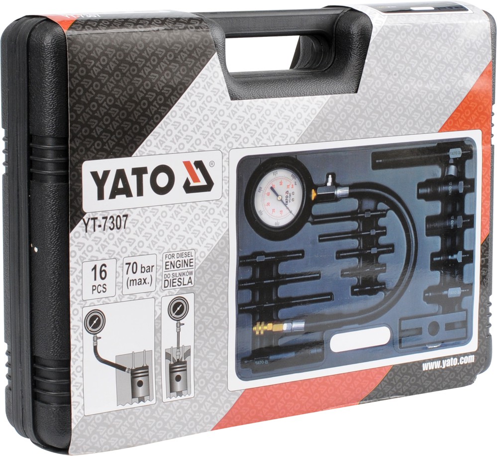 Компрессометр, набор для измерения компрессии дизельного двигателя (16пр) YATO YT-7307