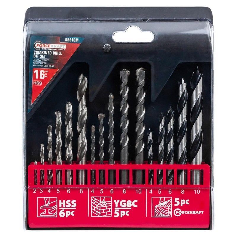 Сверла, набор комб. 16пр. (по металлу: 2-6, 8мм, по бетону: 4-6, 8, 10мм, по дереву: 4-6, 8, 10мм) FORCEKRAFT FK-DBS16M