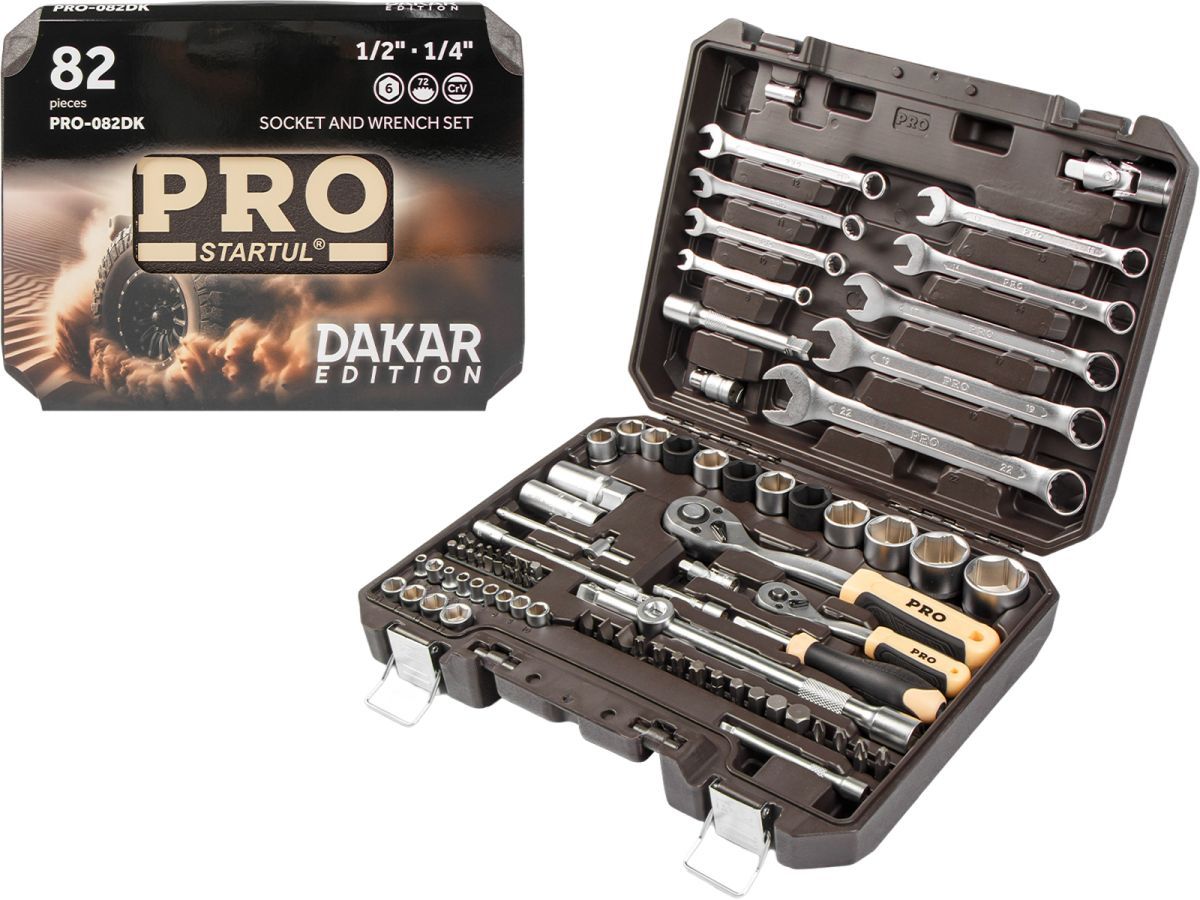 Набор головок и ключей 82пр. 1/4",1/2" DAKAR (PRO-082DK) (усоверш. 6-ти гранный профиль головок, спец. форма зева ключей, плавающие удлинители) PRO STARTUL PRO-082DK