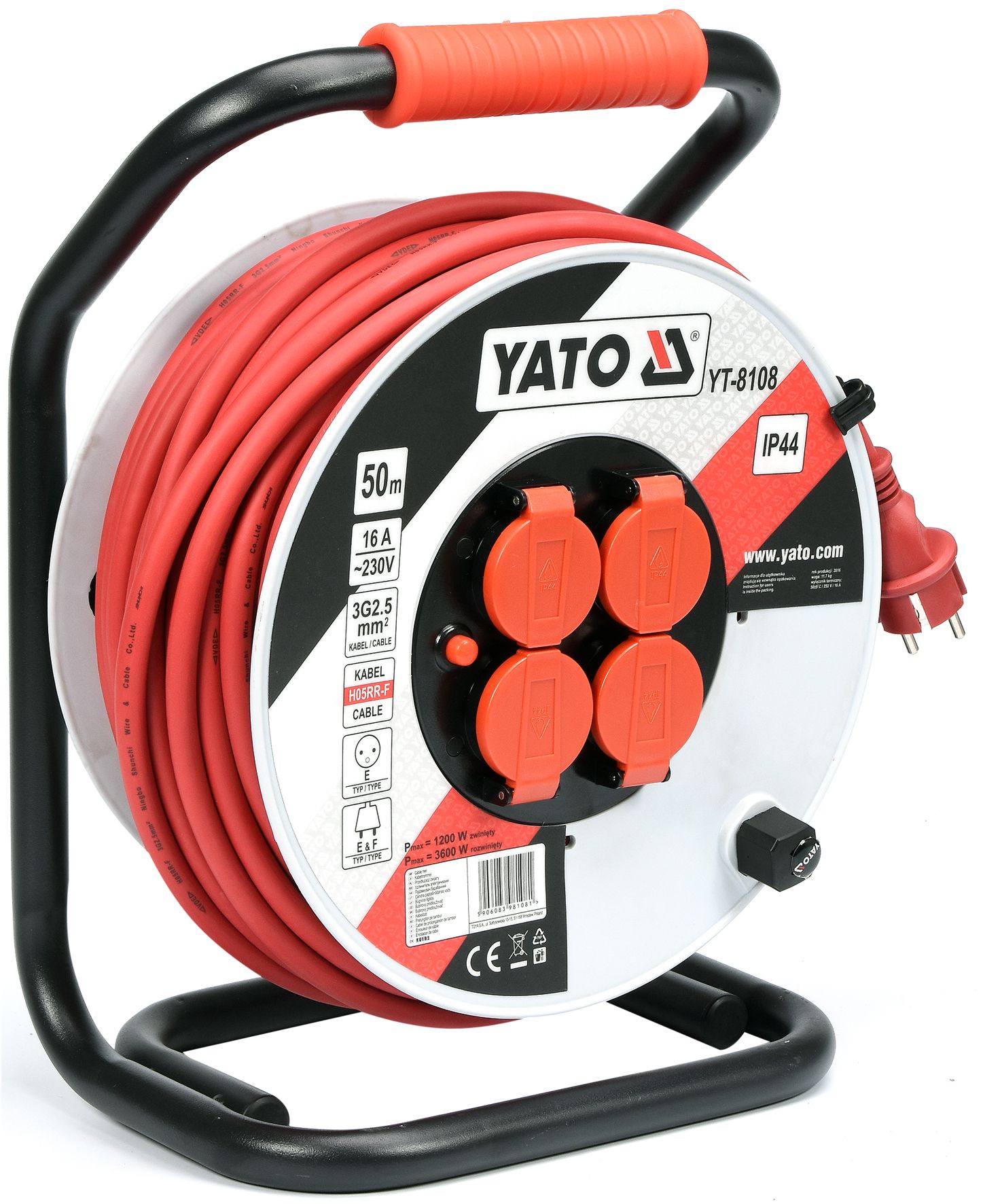 Удлинитель электрический H05RR-F 3G2.5mm на катушке 50м 4 розетки  ...YATO YT-8108