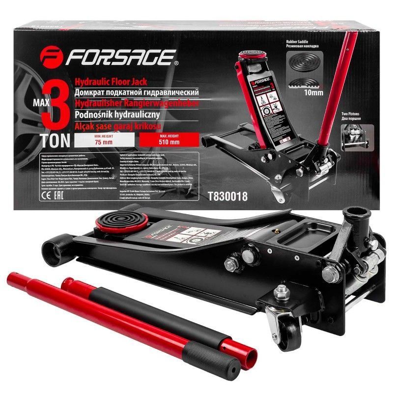 Домкрат подкатной гидравлический двухпоршневой 3т (h min 75мм, h max 510мм) низкопрофильный с прорезиненной накладкой на рукоятке Forsage F-T830018(New)(29,70)