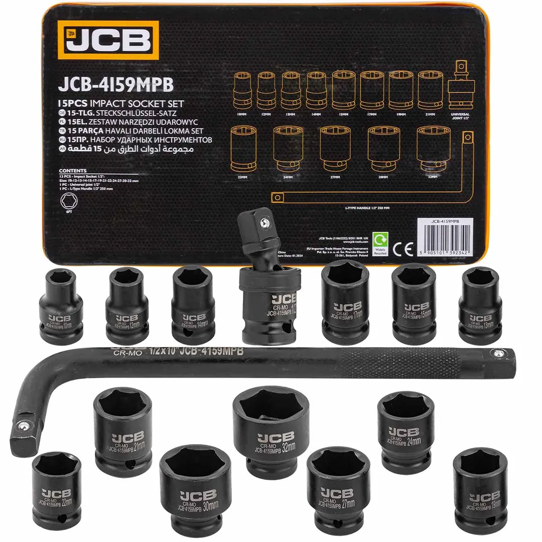 Головки ударные, набор 15пр., 1/2" (10-32мм)(6гр.) JCB JCB-4159MPB