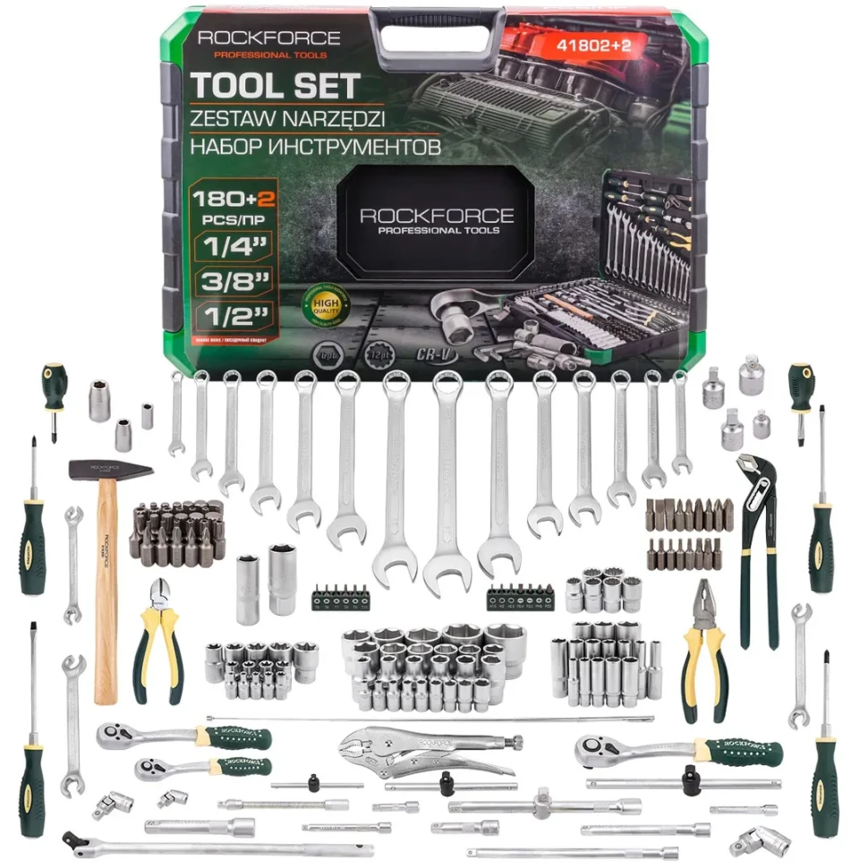 Набор инструментов 180+2пр. 1/4", 3/8", 1/2" (6гр.,12гр.) RockFORCE ...Rock FORCE RF-41802+2