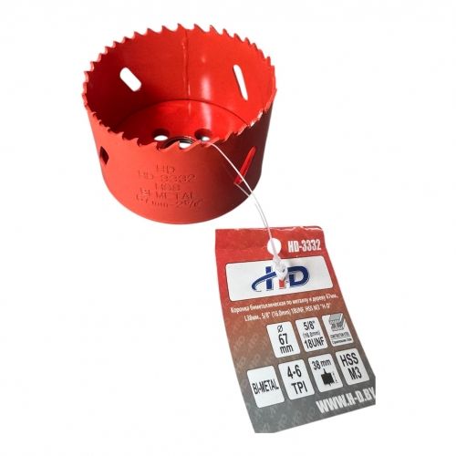 Коронка биметаллическая по металлу и дереву 67мм., L38мм., 5/8"-18UNF, HSS M3 H-D HD-3332