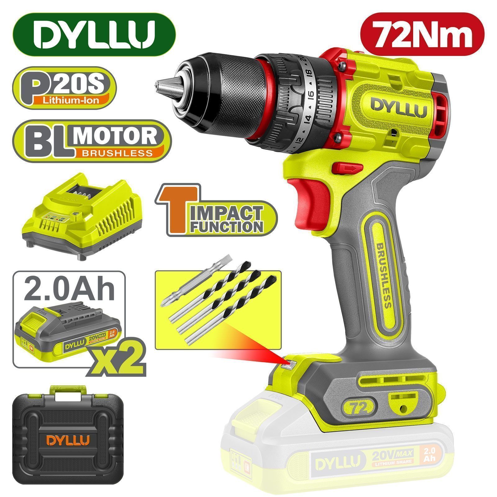 Дрель-шуруповерт ударная аккумуляторная, 20В, 2АКБ 2,0 А/ч,  72Нм, 0-500/0-2000 об/мин,30000уд/мин, БЗП 13мм,DYLLU DTCDP7281