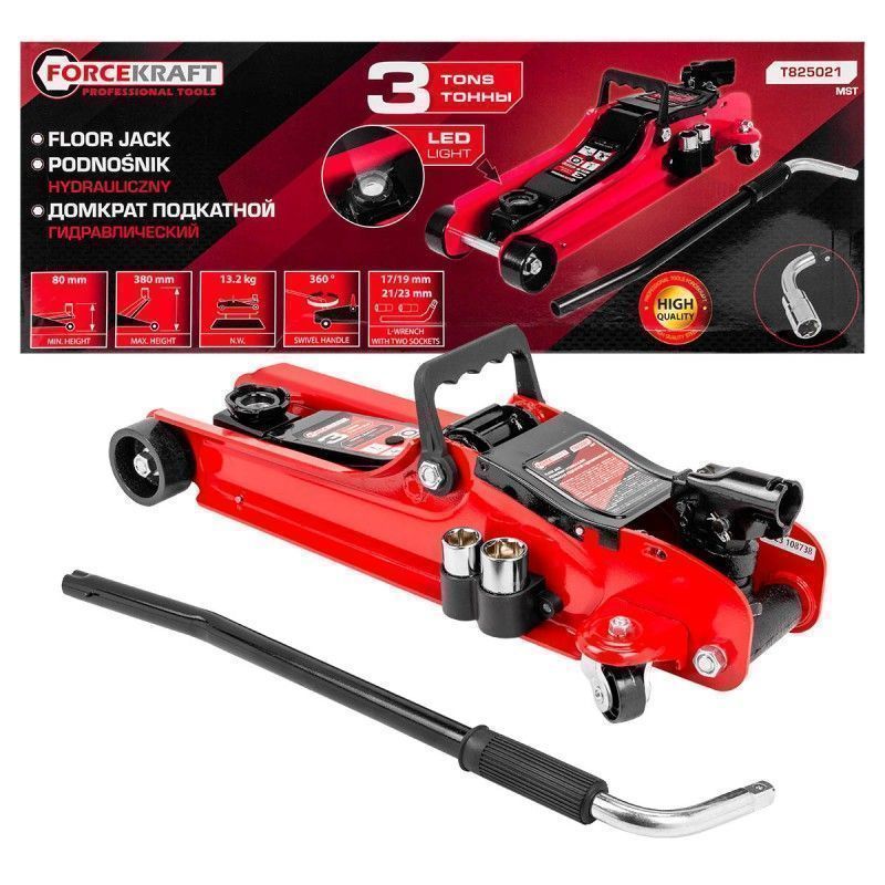 Домкрат подкатной гидравлический 3т с поворотной рукояткой 360° (h min 80мм, h max 380мм) FORCEKRAFT FK-T825021 MST