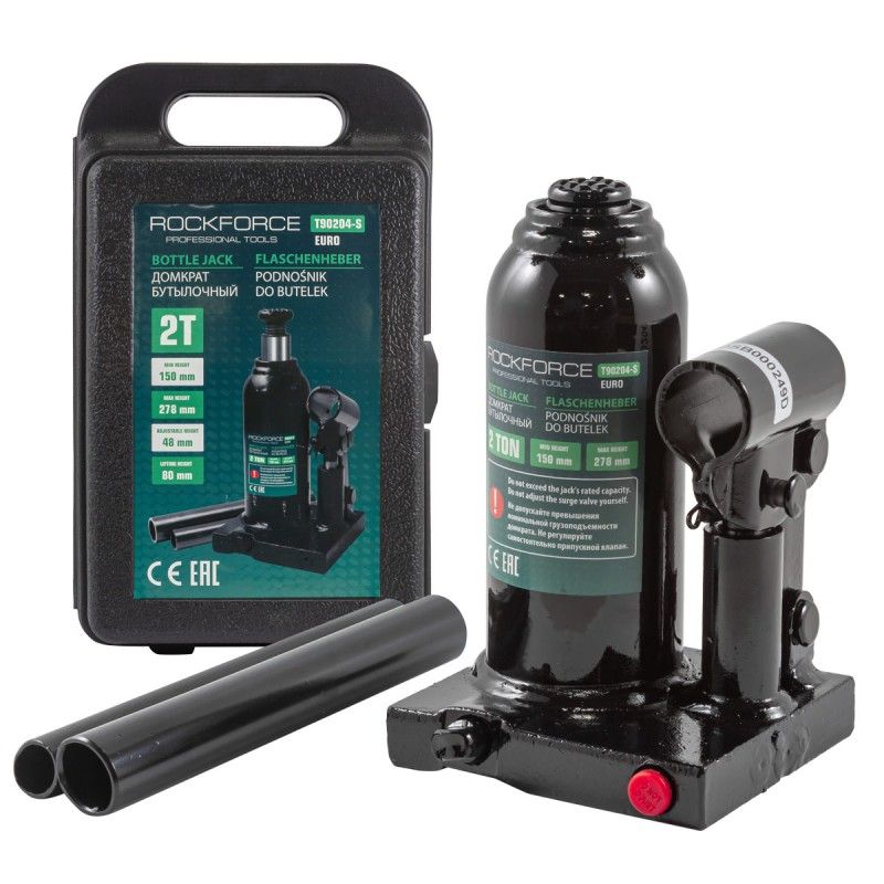 Домкрат бутылочный 2т с клапаном (h min 150мм, h max 278мм) в кейсе Rock FORCE RF-T90204-S(Euro)