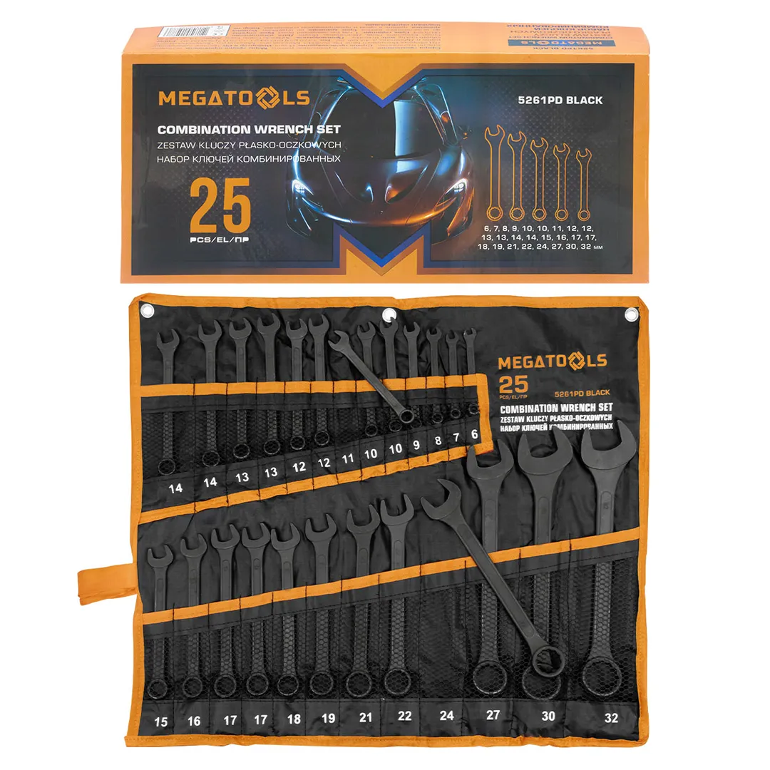 Ключи комбинированные, набор 25пр. (6-19, 21, 22, 24, 27, 30, 32мм) MEGATOOLS MT-5261PD BLACK