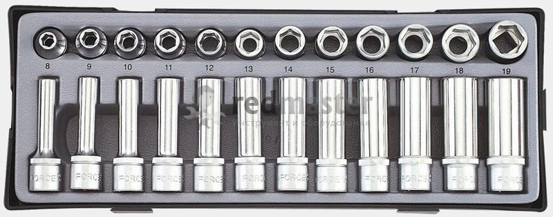 Набор головок короткие+глубокие 1/2", 8-19мм, 24 пр. 6-гран. в лотке Force T4248