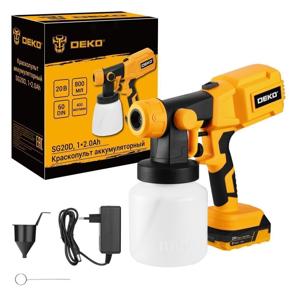 Краскопульт аккумуляторный, 20В, 1АКБ 2,0 А/ч, сопло 1,8 мм,  400 мл/мин , DEKO SG20D