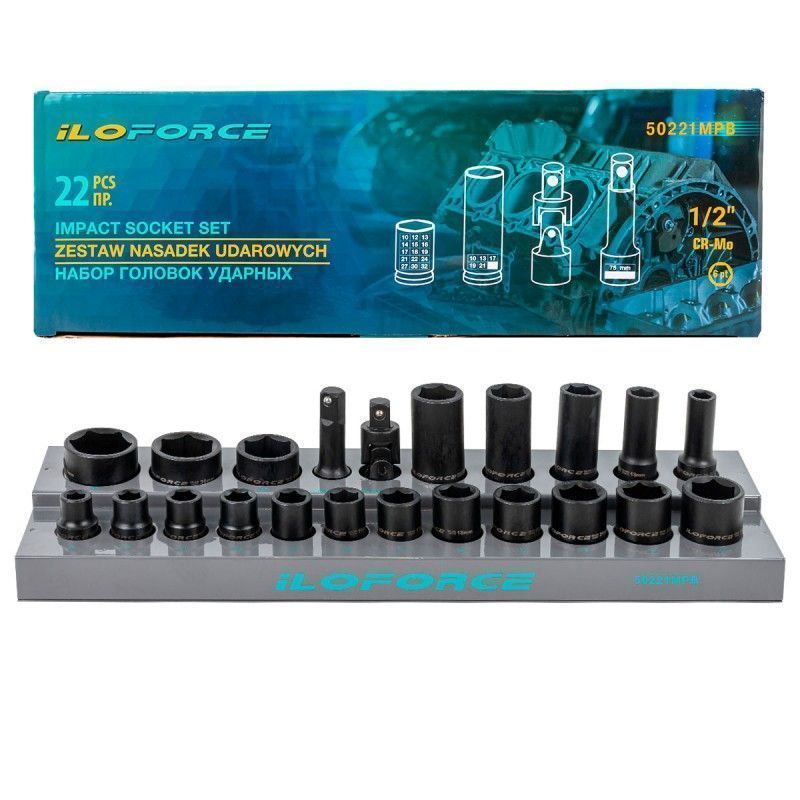 Головки ударные 1/2", набор 22 пр. 6-гр. (10-32мм) ILOforce IF-50221MPB