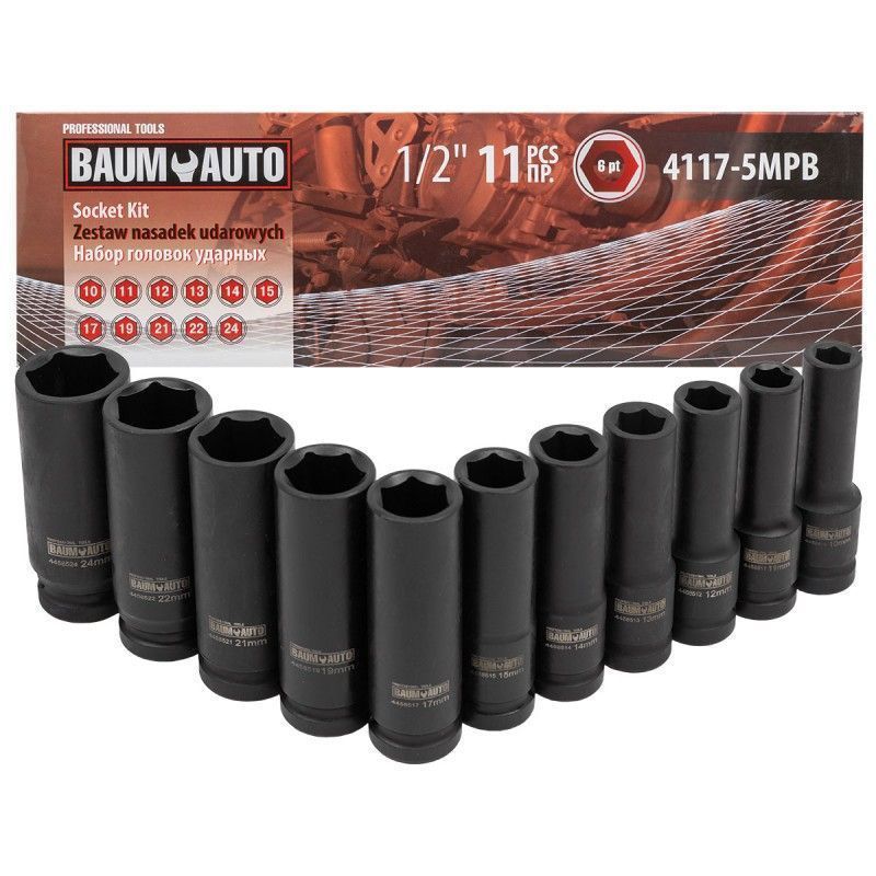 Набор головок ударных глубоких 11пр., 1/2'', 10-24мм (6-гр.) Baum Auto BM-4117-5MPB