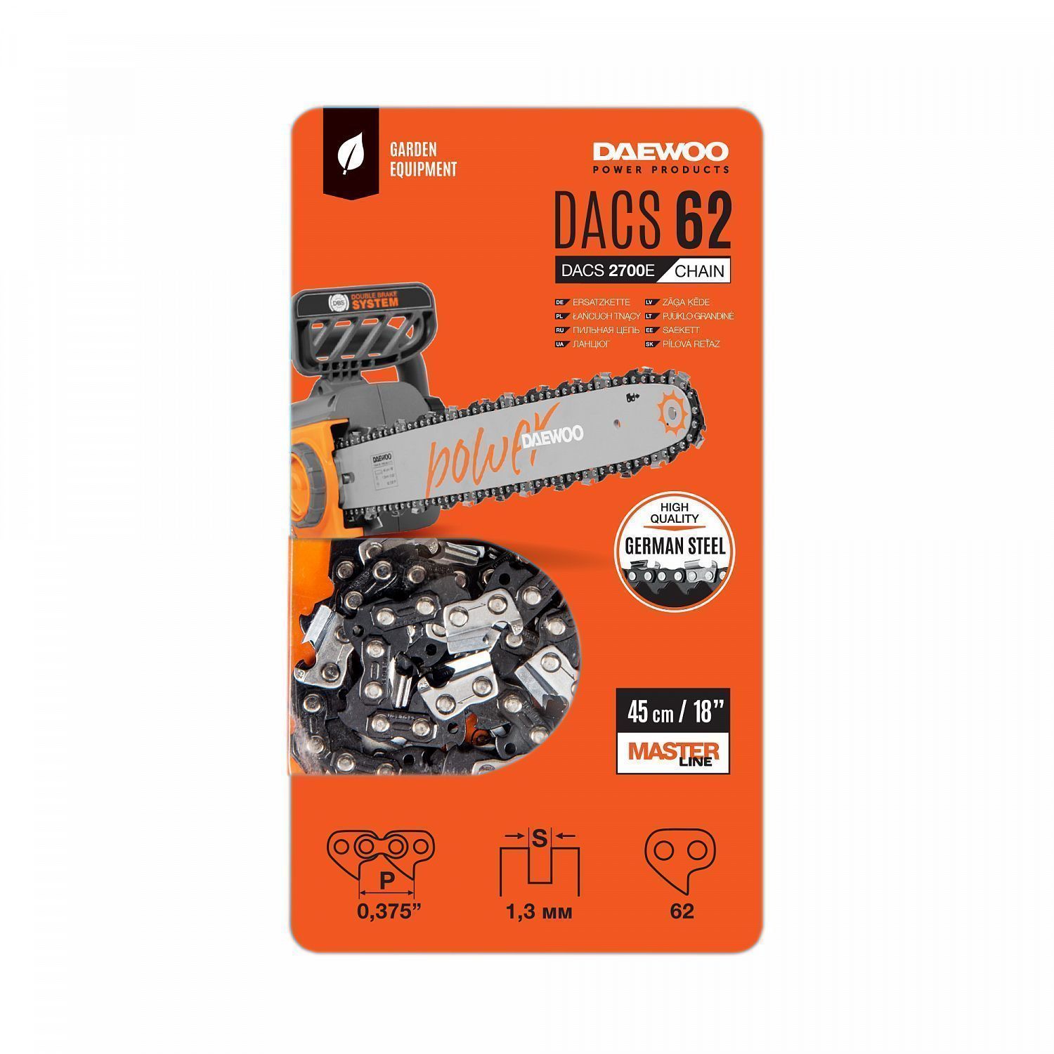 Цепь пильная 18" 45см, 3/8" , 1.3 мм, 62 зв, DAEWOO DACS 62
