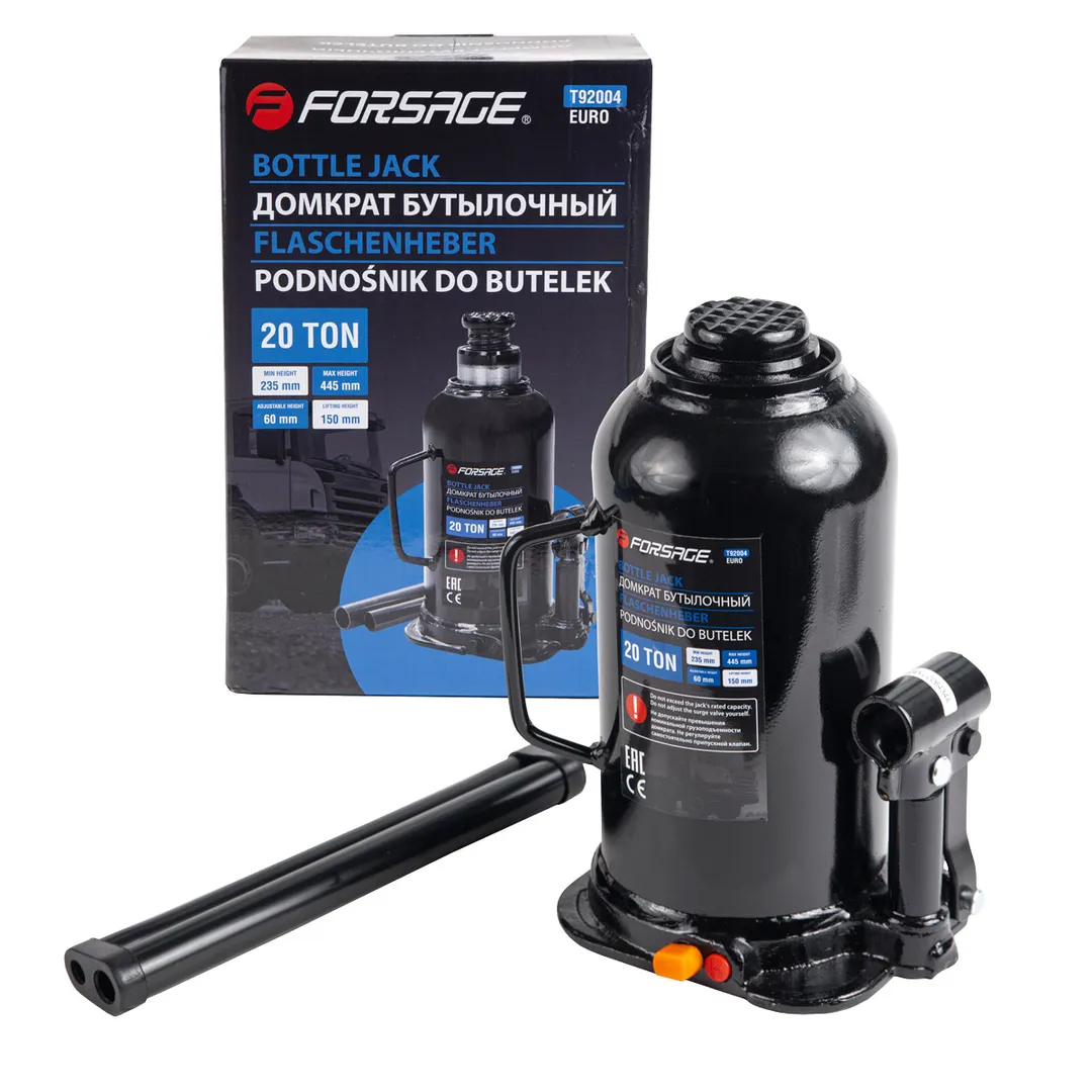 Домкрат бутылочный 20т EURO с клапаном (h min 235мм, h max 445мм) Forsage F-T92004(BR)(Euro)
