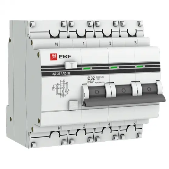 АД-32 3P+N 32А (С) 30мА тип (АС) эл. 4,5кА PROxima EKF DA32-32-30-4P-pro