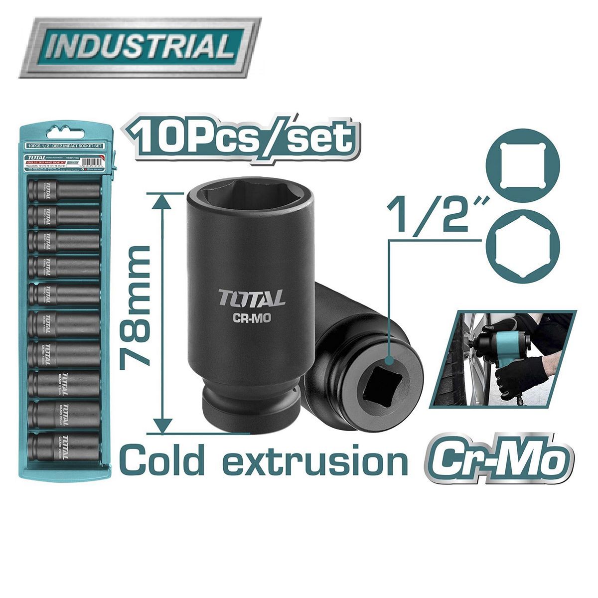 Набор удлиненных ударных головок 1/2" (10-24мм) TOTAL THKISD12102L (10 предметов)