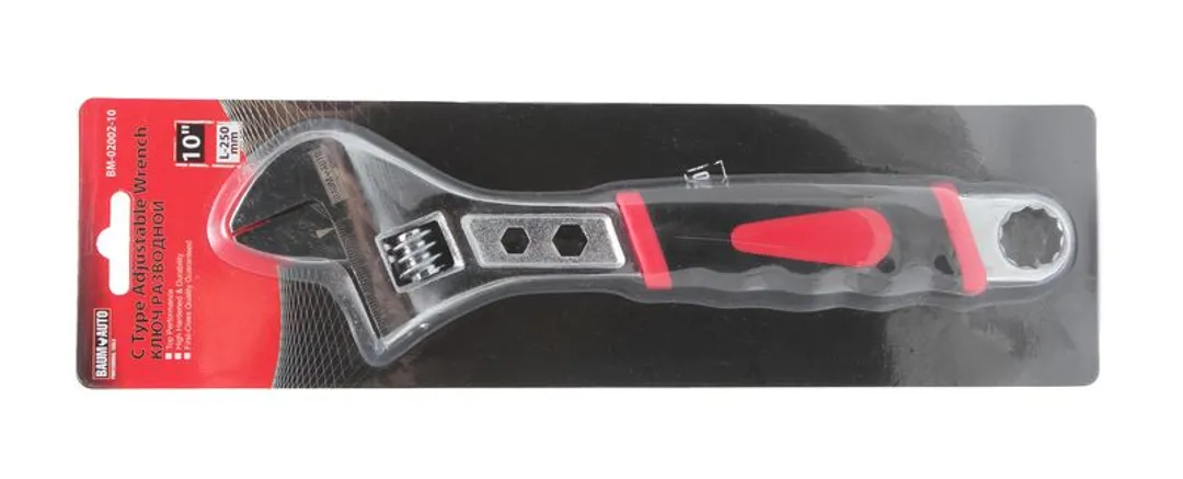 Ключ разводной с прорезиненной рукояткой и профильными отверстиями в корпусе под гайки (6гр.-9,13мм, 12гр-17мм) 12''-300мм, в блистере Baum Auto BM-02002-12